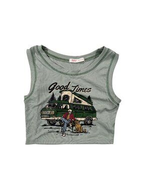 Romwe Womens Graphic Crop Top Green Size M Casual Ribbed Good Times Camper Print